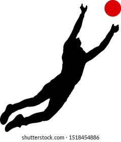 Silhouette of soccer goalkeeper catching a ball in a jump