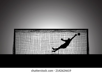 Silhouette of a soccer goalkeeper dive to block a ball out of the goalpost. Vector illustration.