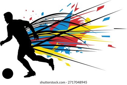 Silhouette of soccer player with abstract elements. Perfect for sports blogs, posters, or social media posts with dynamic visuals.