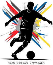 Silhouette of soccer player with abstract elements. Perfect for sports blogs, posters, or social media posts with dynamic visuals.