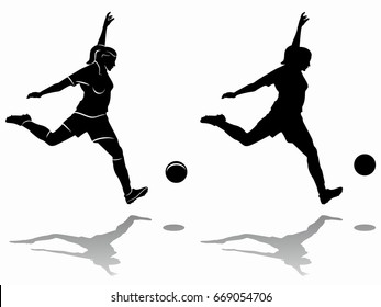 silhouette of soccer player , black and white drawing, white background