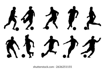 clipart do jogador de futebol da silhueta. vetor da silhueta conjunto do jogador de futebol chutando a bola