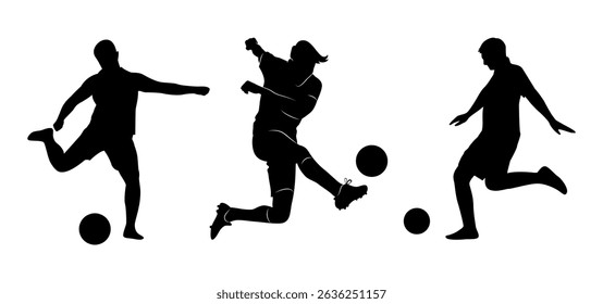 clipart do jogador de futebol da silhueta. vetor da silhueta conjunto do jogador de futebol chutando a bola