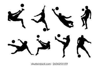 clipart do jogador de futebol da silhueta. vetor da silhueta conjunto do jogador de futebol chutando a bola
