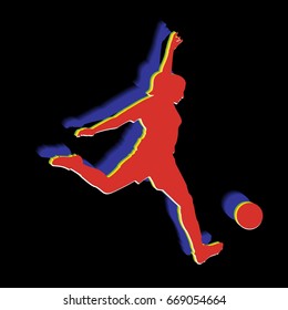 silhouette of soccer player , color drawing, black background
