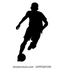 Silhouette of a soccer player dribbling the ball on a transparent background. Perfect for logos, icons, stickers and tattoos