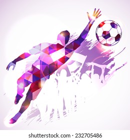 Silhouette Soccer Player Goalkeeper and Fans in Mosaic Pattern on grunge background, vector illustration.