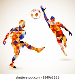 Silhouette Soccer Player and Goalkeeper in Mosaic Pattern, vector illustration