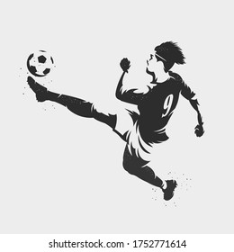 silhouette soccer player kicking a soccer ball on gray background