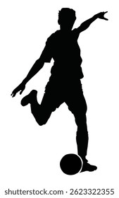 silhueta de um jogador de futebol chutando uma bola na pose de ação, figura de esportes de alta energia no fundo branco