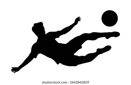 Silhueta do jogador de futebol chutando a bola no ar, pose esporte dinâmico, figura isolada preta no fundo branco, ilustração de ação de futebol para o design do esporte