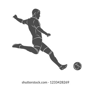 Silhouette soccer player quick shooting a ball on a white background. Vector illustration