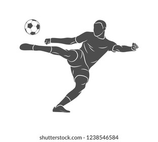 Silhouette soccer player quick shooting a ball on a white background. Vector illustration