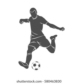 Silhouette soccer player quick shooting a ball on a white background. Vector illustration.