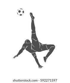 Silhouette soccer player quick shooting a ball on a white background. Vector illustration.