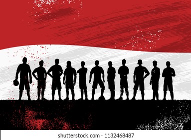 Silhouette of soccer team with flag of Indonesia as a background, Vector Illustration