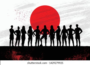 Silhouette of women’s soccer team with flag of Japan as a background, Vector Illustration