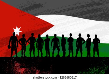 Silhouette of soccer team with flag of Jordan as a background, Vector Illustration