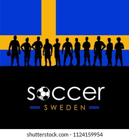 Silhouette of soccer team with flag of Sweden as a background, Vector Illustration