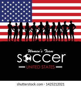 Silhouette of women’s soccer team with flag of United States as a background, Vector Illustration