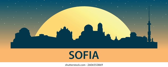 Silhouette of the Sofia skyline against the backdrop of the Big Yellow Moon and starry sky