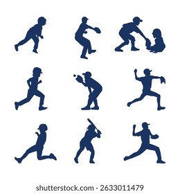 silhouette softball player collection set on white background