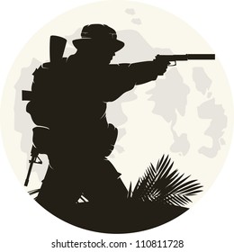 silhouette of soldier in action. Vector 2