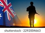 Silhouette of Soldier with Australian flag on background of sunset. Concept - Armed Force. EPS10 vector