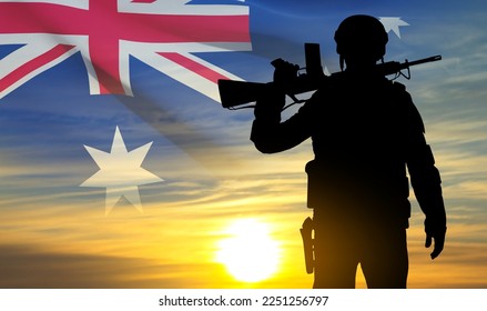 Silhouette of Soldier with Australian flag on background of sunset. Concept - Armed Force. EPS10 vector