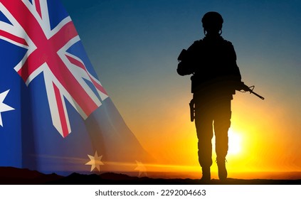 Silueta de Soldado con bandera australiana al fondo de la puesta de sol. Concepto - Fuerza Armada. Vector EPS10