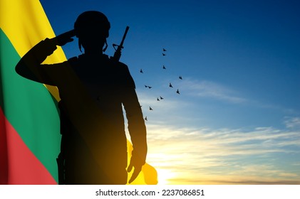 Silhouette of soldier with the flag of Lithuania on background of sunset. Armed forces of Lithuania. Greeting card - Armed Forces day. EPS10 vector