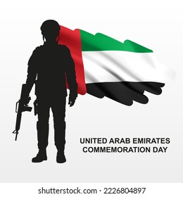 Silhouette de un soldado con la bandera de los EAU sobre fondo blanco. Fuerzas armadas de los Emiratos Árabes Unidos. Concepto de Día de Conmemoración, Día de los Mártires, Día Nacional. Vector EPS10