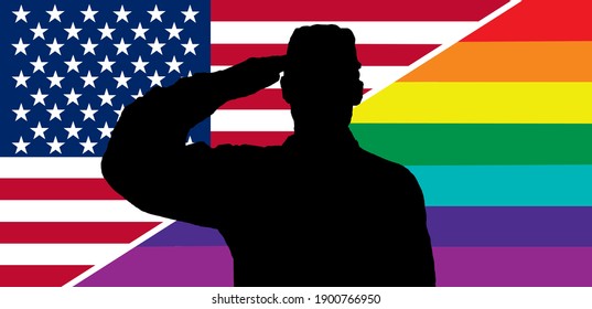 Silhouette of soldier in front of American and LGBT flag.