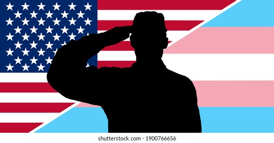 Silhouette of soldier in front of American and transgender flag, transgender military ban.