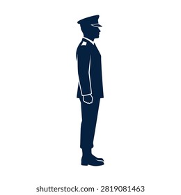 Silhouette of a soldier in full uniform standing rigidly at attention against a plain background.