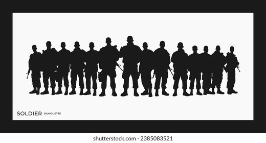 Silhouette of soldier group standing pose, set of army silhouette, header graphic resource