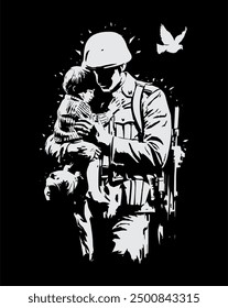 silhouette soldier holding a child closely