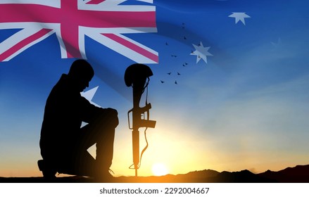 Silhouette of Soldier kneeling down with Australian flag on background of sunset. Concept - Armed Force. EPS10 vector