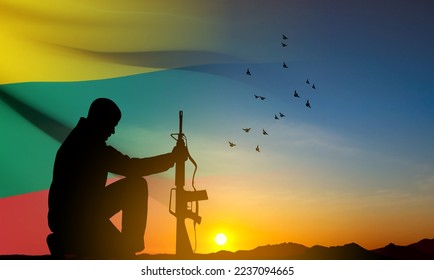 Silhouette of soldier kneeling down with the flag of Lithuania on background of sunset. Armed forces of Lithuania. Greeting card - Armed Forces day. EPS10 vector