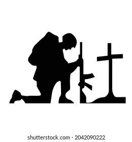 silhouette soldier kneeling next grave vectror