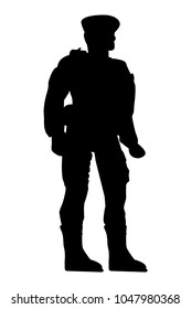 Silhouette of Soldier, Low Angle Perspective, Isolated on White

