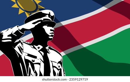 Silhouette de un soldado con bandera de Namibia en el fondo. Concepto del día del ejército