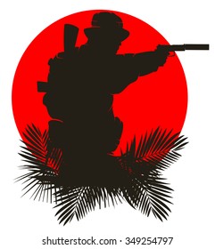 silhouette of a soldier on a background of the red sun. vector illustration