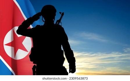 Silhouette of a soldier on background of sky with North Korea flag. EPS10 vector