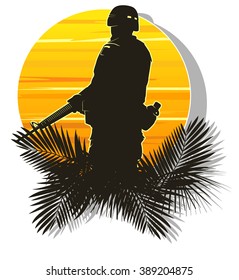 silhouette of a soldier on a background of the sun. vector illustration