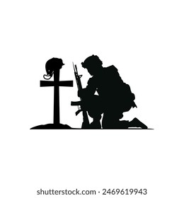 Silhouette of a soldier on his knees near the grave of his brother. Vector illustration.