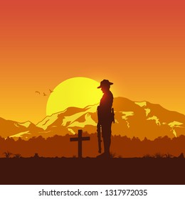 Silhouette of soldier paying respect at the grave, vector