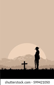 Silhouette of soldier paying respect at the grave, vector