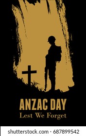 Silhouette of soldier paying tribute at a grave on Anzac day, vector