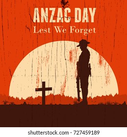 Silhouette of soldier paying tribute at a grave on Anzac day, vector